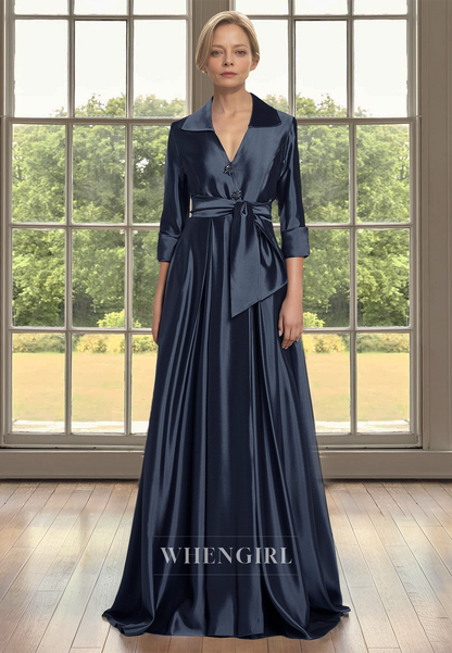 A-Line V-Neck Sleeves Pleats Satin Mother of  Bride Dress with Beads Cocktail Dress