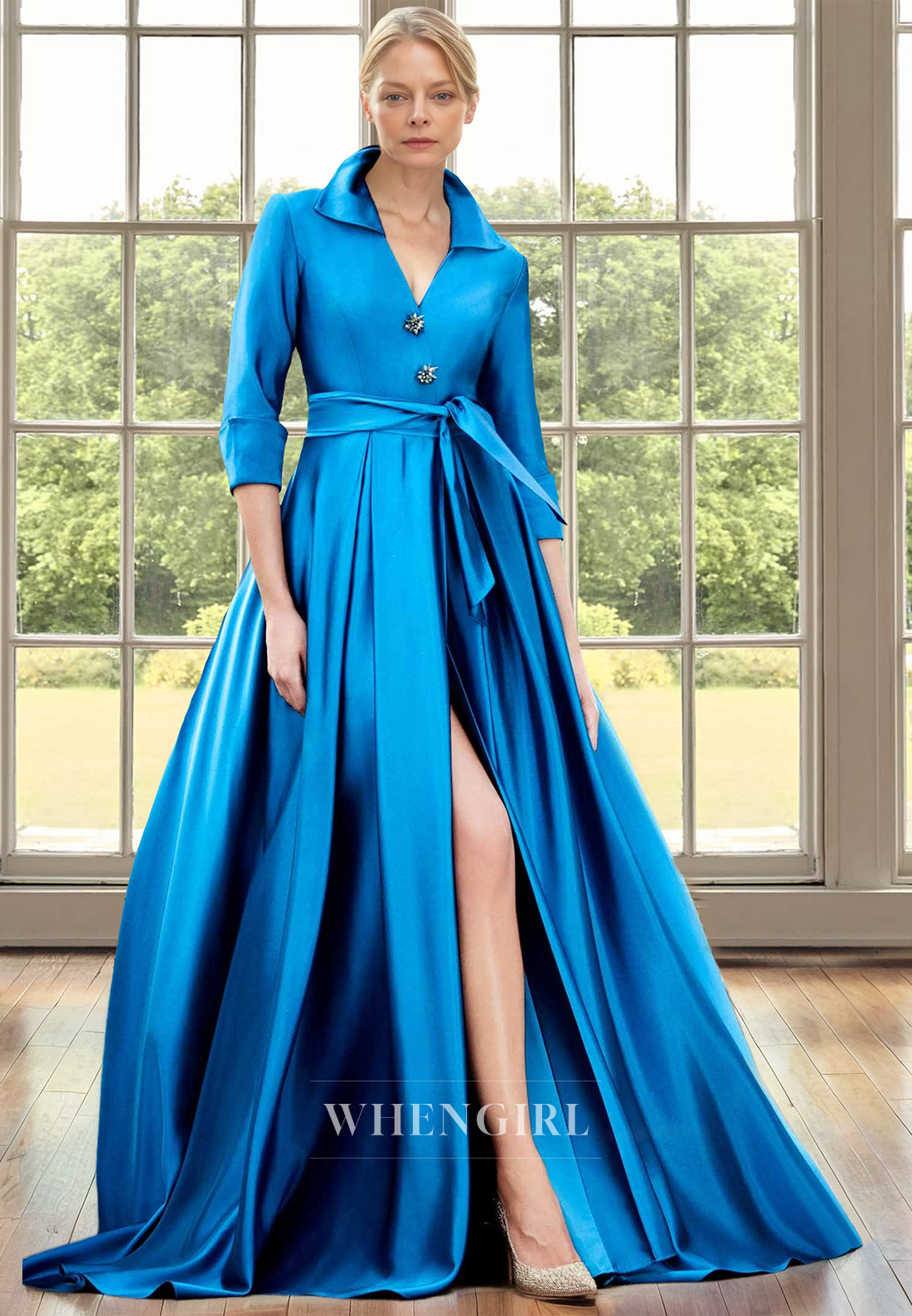 A-Line V-Neck Sleeves Pleats Satin Mother of  Bride Dress with Beads Cocktail Dress