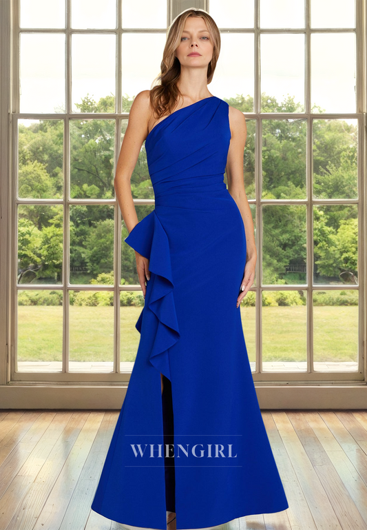 One Shoulder Mermaid Mother of Groom Sleeveless Long Satin Pleats Cocktail Dress with Slit