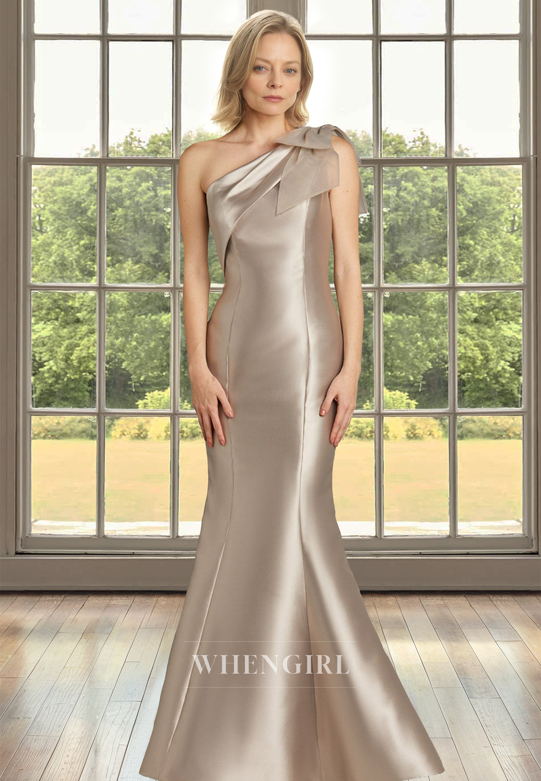 Elegant One Shoulder Mermaid Mother of Groom Sleeveless Satin Long Cocktail Dress with Bows