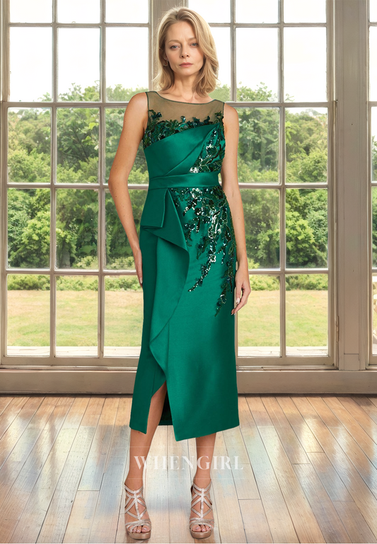 Scoop Neck Straps Sleeveless Sheath Satin Mother of Groom with Sequin Applique Cocktail Gown