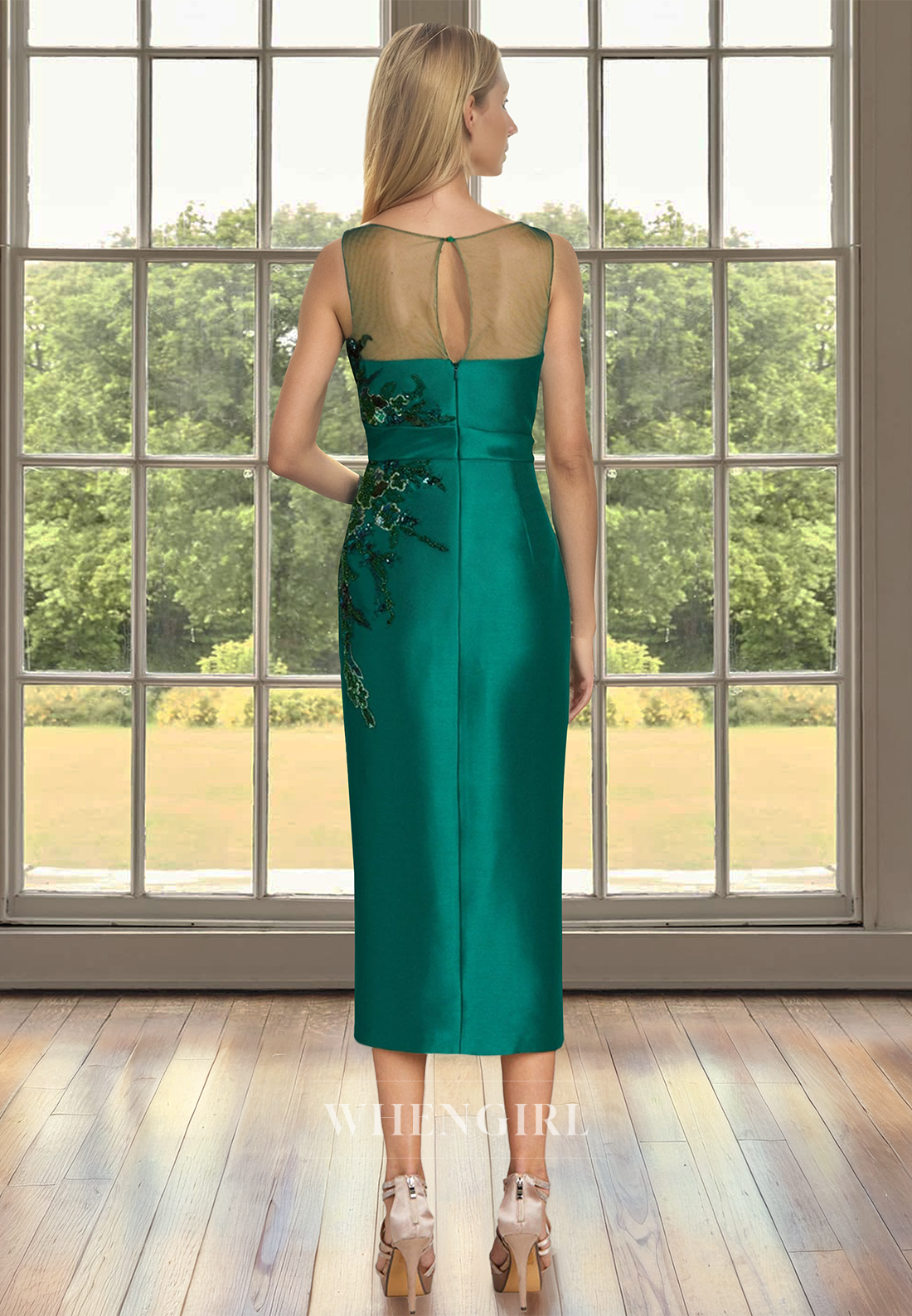 Scoop Neck Straps Sleeveless Sheath Satin Mother of Groom with Sequin Applique Cocktail Gown