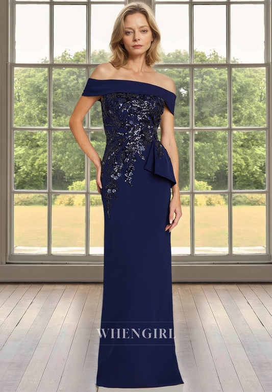 Elegant Off-Shoulder Sheath Cocktail Dress Sleeveless Satin Mother of Groom with Sequin Appliques