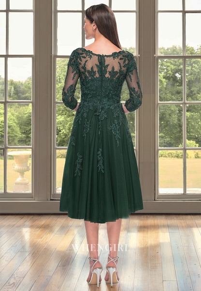 A-Line V-Neck Sleeves Pleats Lace Appliques Mother of the Bride Dress Cocktail Dress