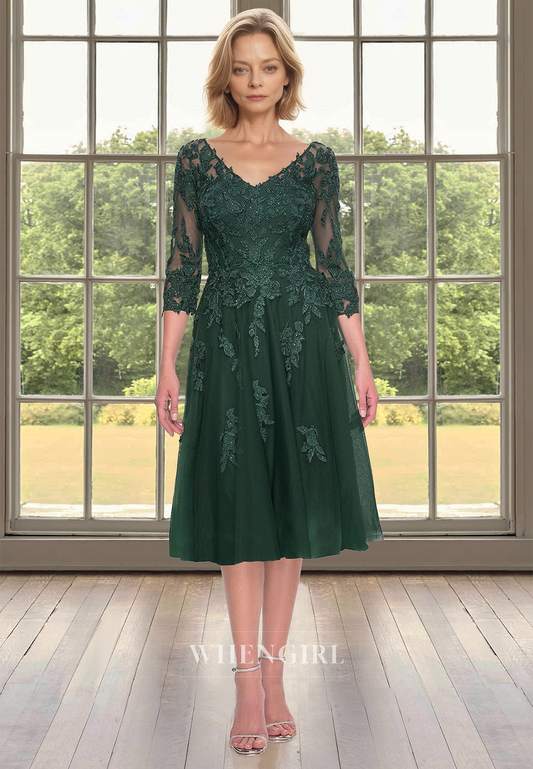 A-Line V-Neck Sleeves Pleats Lace Appliques Mother of the Bride Dress Cocktail Dress