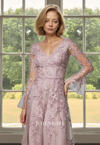 Graceful A-Line Low-V-Neck Long Sleeves Lace Mother of Groom with Rose Appliques