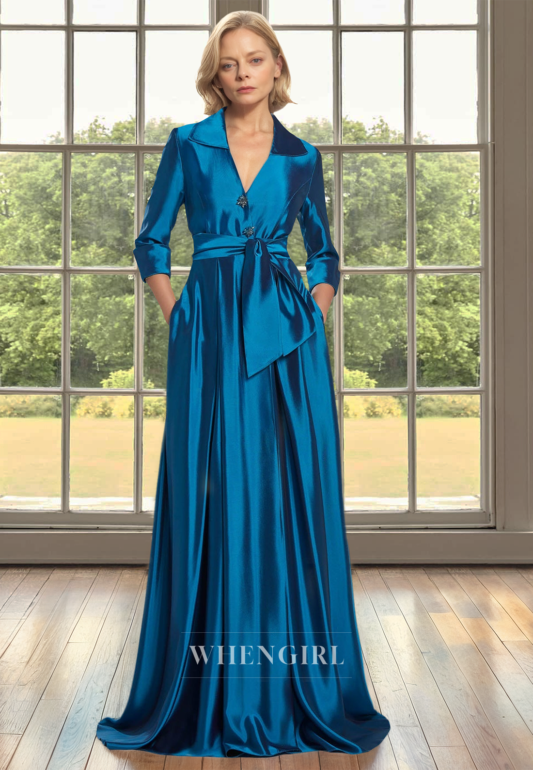 A-Line V-Neck Sleeves Pleats Satin Mother of  Bride Dress with Beads Cocktail Dress