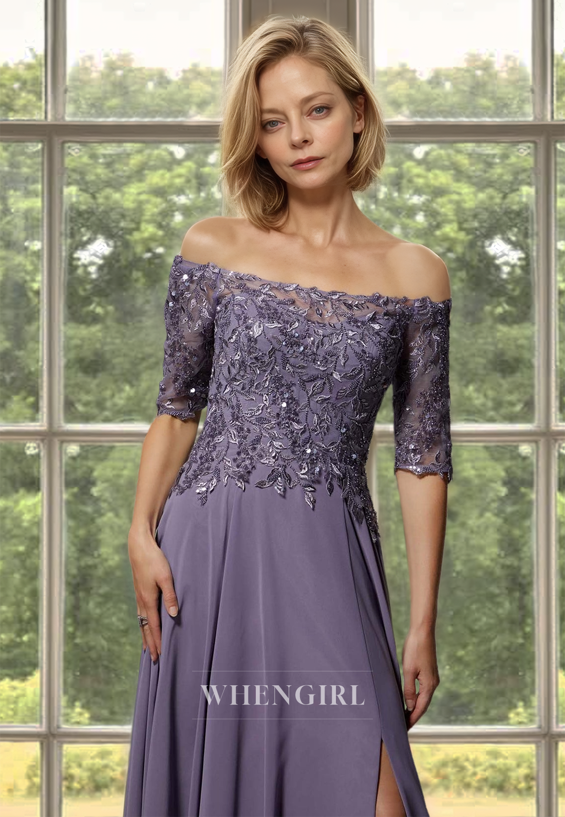 A-Line Tube Top Half Sleeves Appliques Lace Cocktail Dress Mother of Bride Dress with Slit