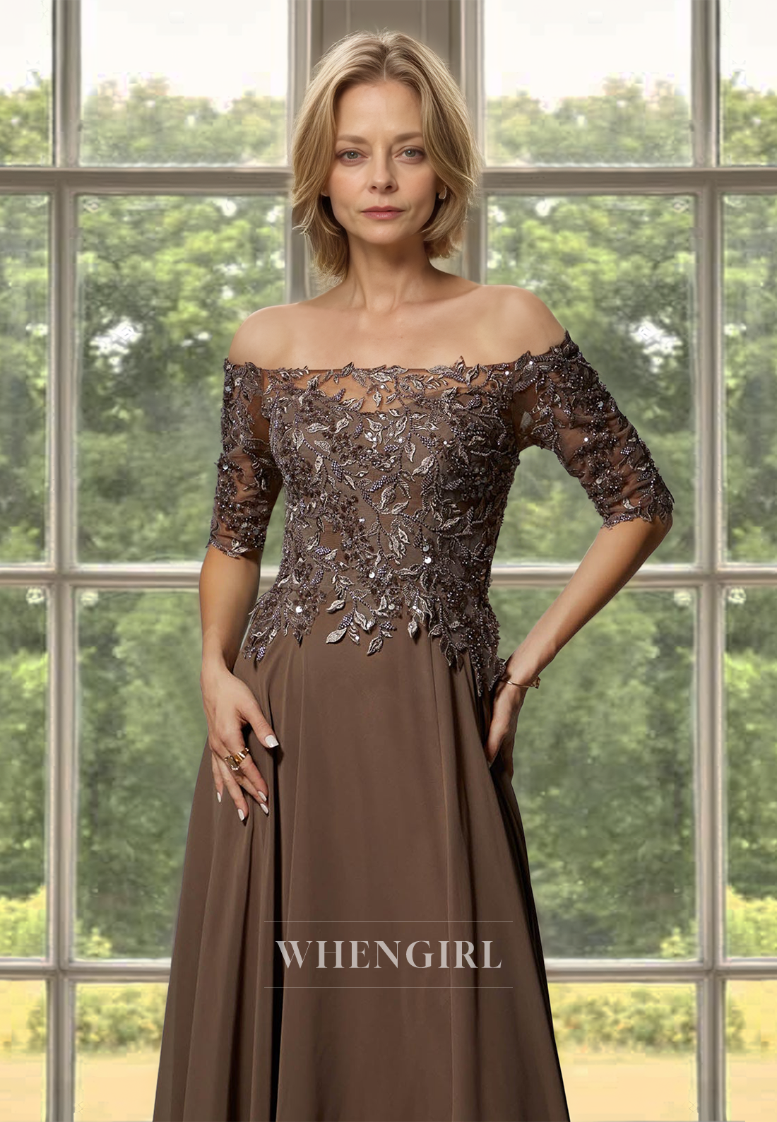 A-Line Tube Top Half Sleeves Appliques Lace Cocktail Dress Mother of Bride Dress with Slit