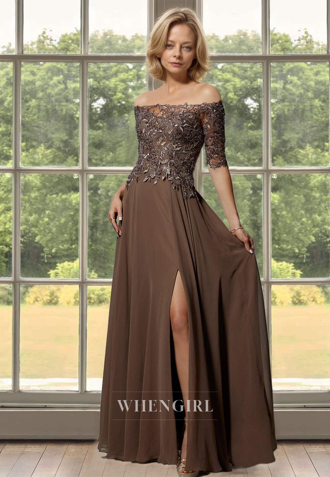 A-Line Tube Top Half Sleeves Appliques Lace Cocktail Dress Mother of Bride Dress with Slit