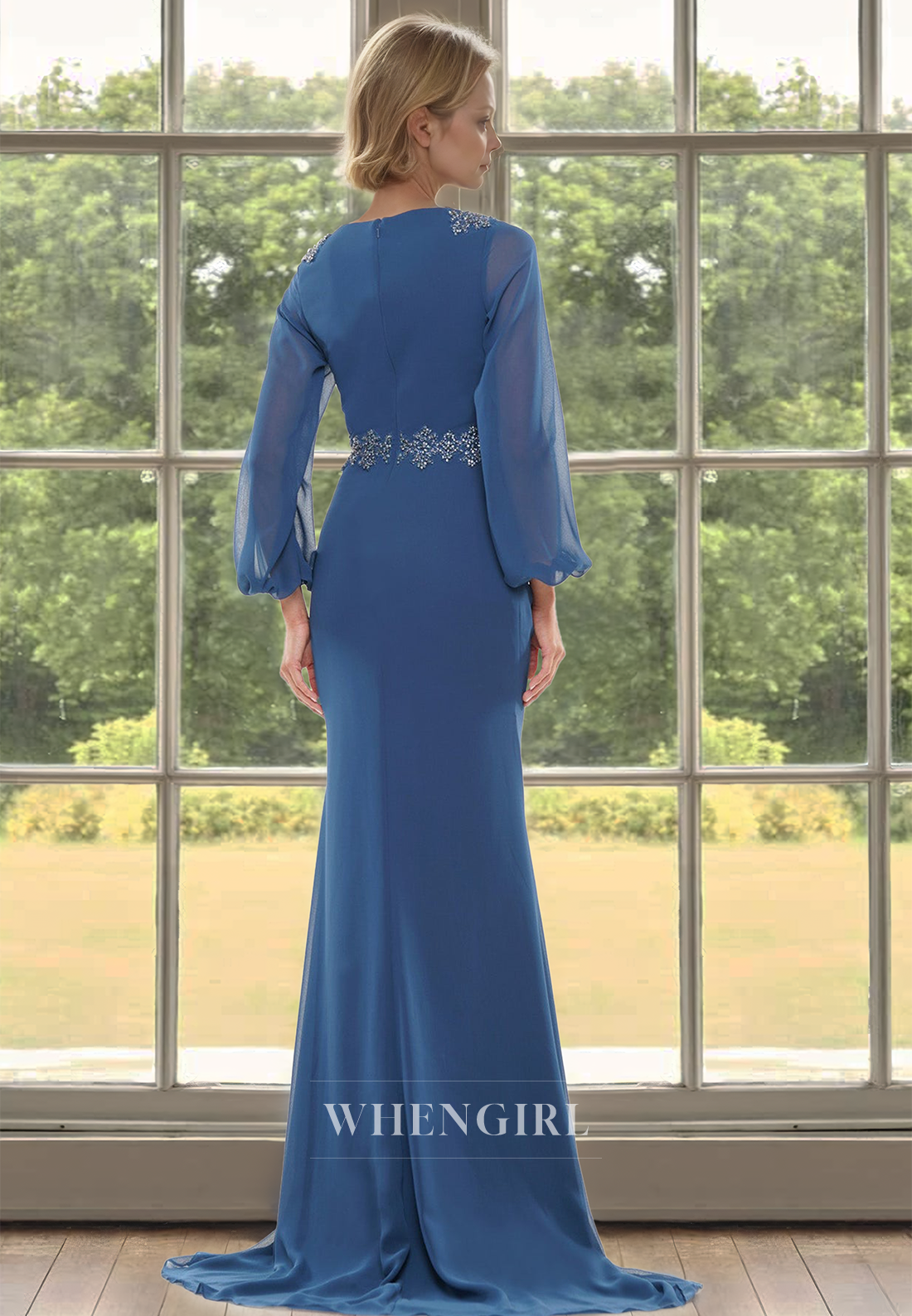 Elegant V-Neck Long Sleeves Sheath Pleats Lace Beaded Cocktail Dress with Train Mother of Groom