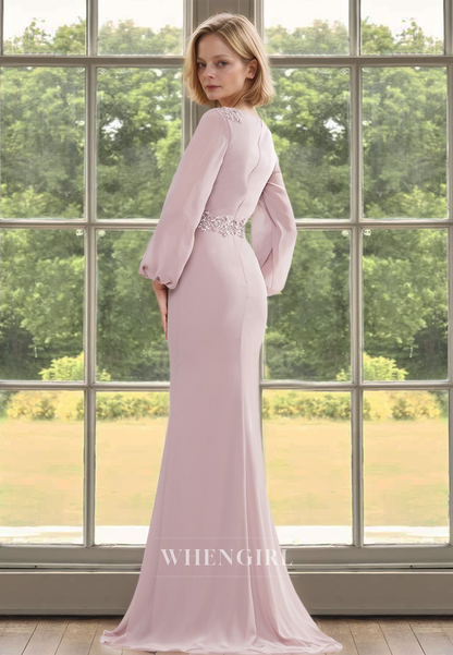 Elegant V-Neck Long Sleeves Sheath Pleats Lace Beaded Cocktail Dress with Train Mother of Groom