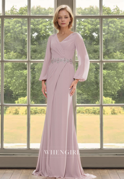Elegant V-Neck Long Sleeves Sheath Pleats Lace Beaded Cocktail Dress with Train Mother of Groom