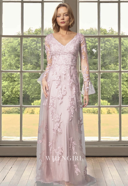 Graceful A-Line Low-V-Neck Long Sleeves Lace Mother of Groom with Rose Appliques