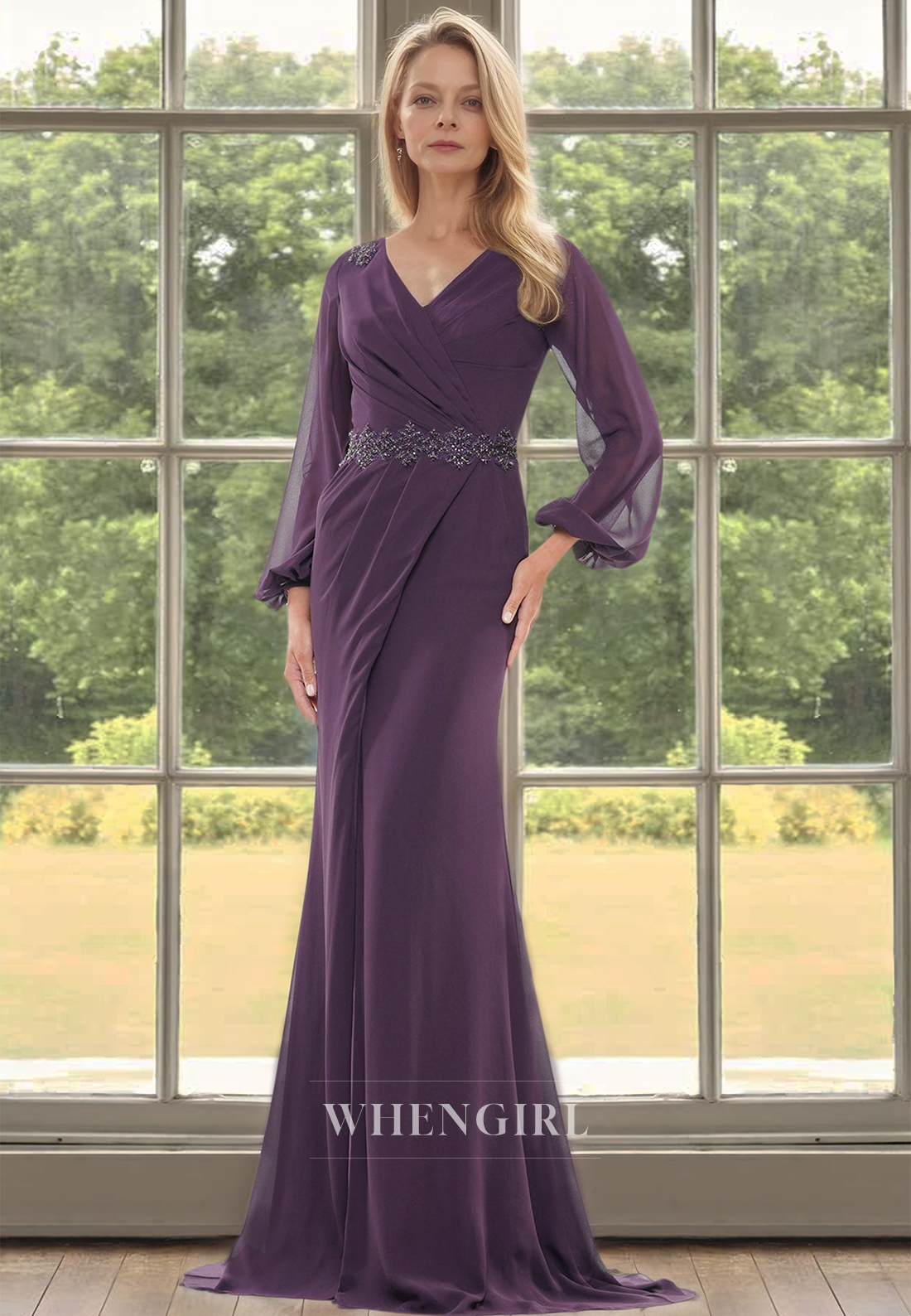 Elegant V-Neck Long Sleeves Sheath Pleats Lace Beaded Cocktail Dress with Train Mother of Groom