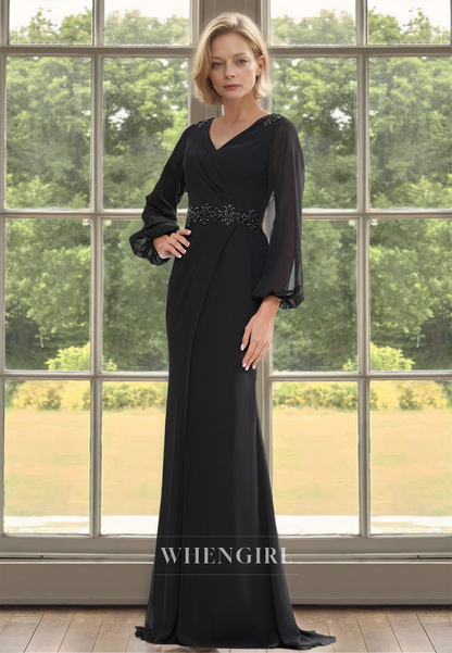 Elegant V-Neck Long Sleeves Sheath Pleats Lace Beaded Cocktail Dress with Train Mother of Groom