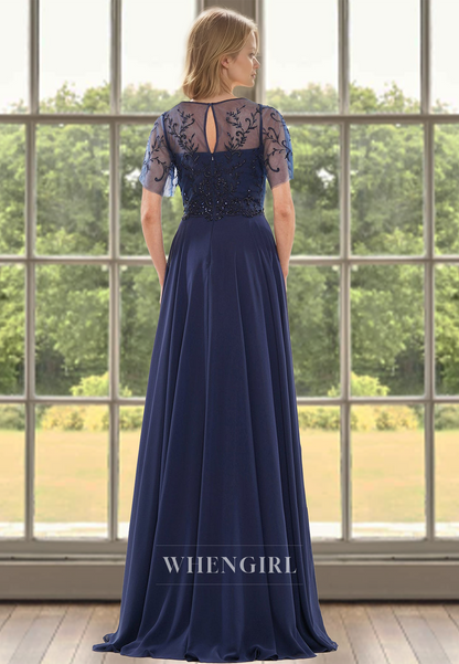 Beaded Scoop Neck A-Line Short Sleeves Lace Long Mother of Groom with Appliques