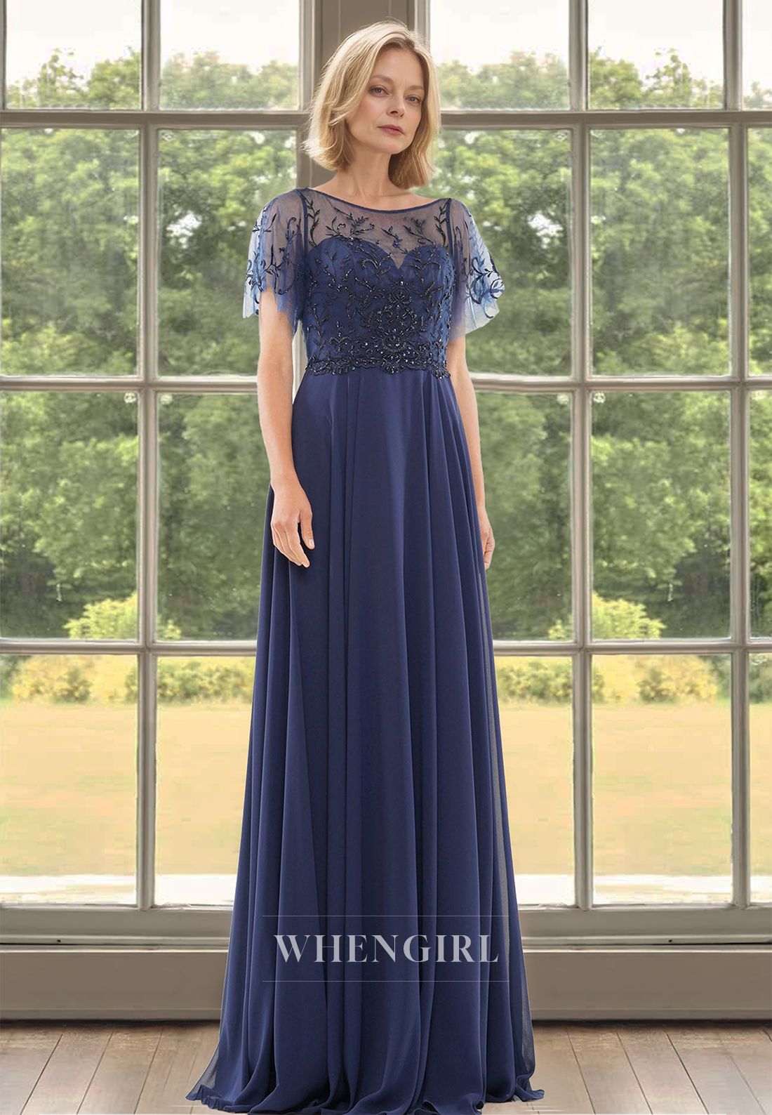 Beaded Scoop Neck A-Line Short Sleeves Lace Long Mother of Groom with Appliques