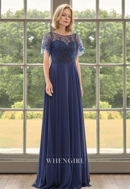 Beaded Scoop Neck A-Line Short Sleeves Lace Long Mother of Groom with Appliques