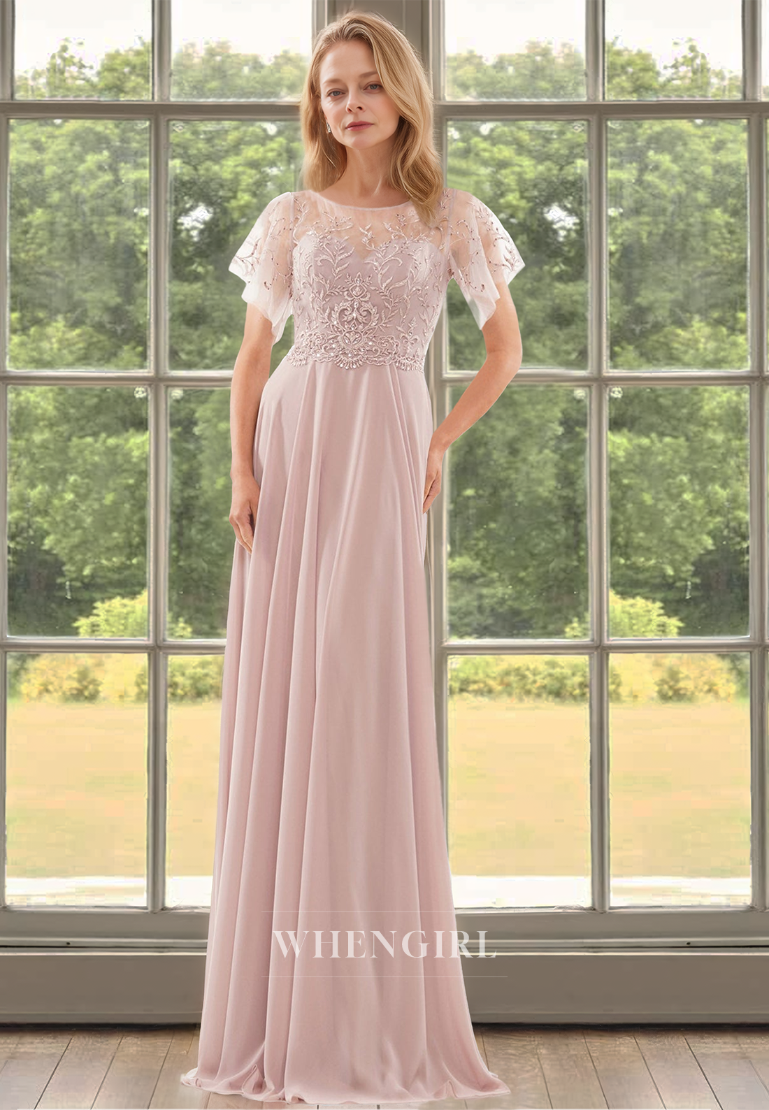 Beaded Scoop Neck A-Line Short Sleeves Lace Long Mother of Groom with Appliques