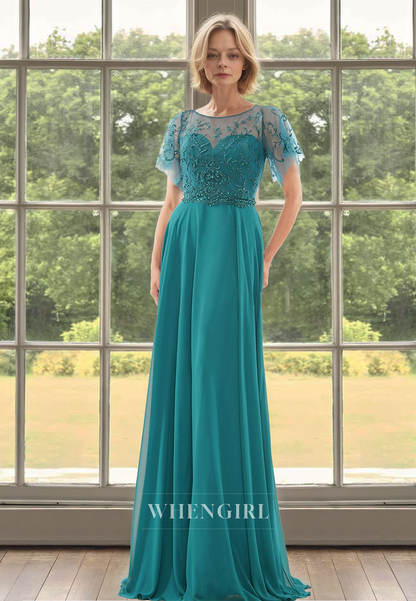 Beaded Scoop Neck A-Line Short Sleeves Lace Long Mother of Groom with Appliques