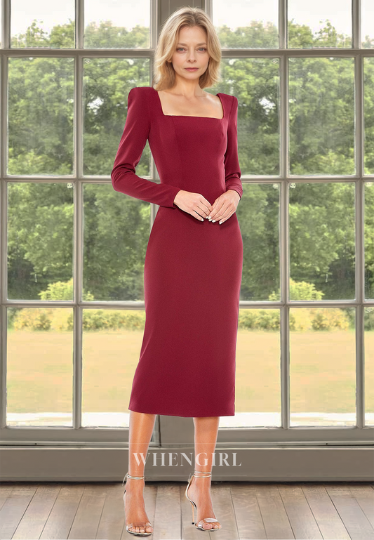 Simple Square Neck Long Sleeves Sheath Long Satin Mother of Groom Cocktail Dress