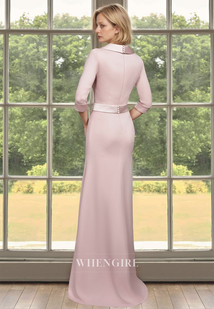 Classic Half Sleeves V-Neck Sheath Side Slit Long Satin Mother of the Bride Dress with Bows