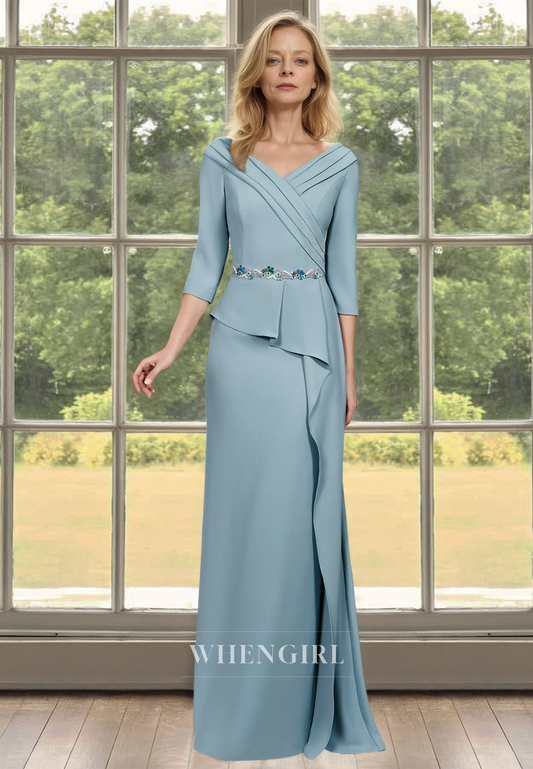 Low V-Neck Sleeves Sheath Ruched Satin Mother of Groom with Colorful Applique Cocktail Dress