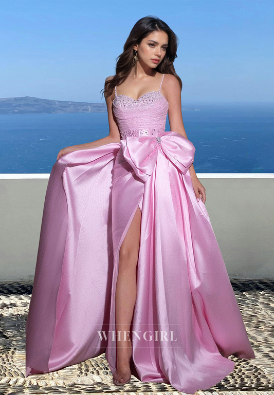 Beaded Straps Sweetheart Sheath High Slit Train Satin Pleats Evening Party Dress with Bow