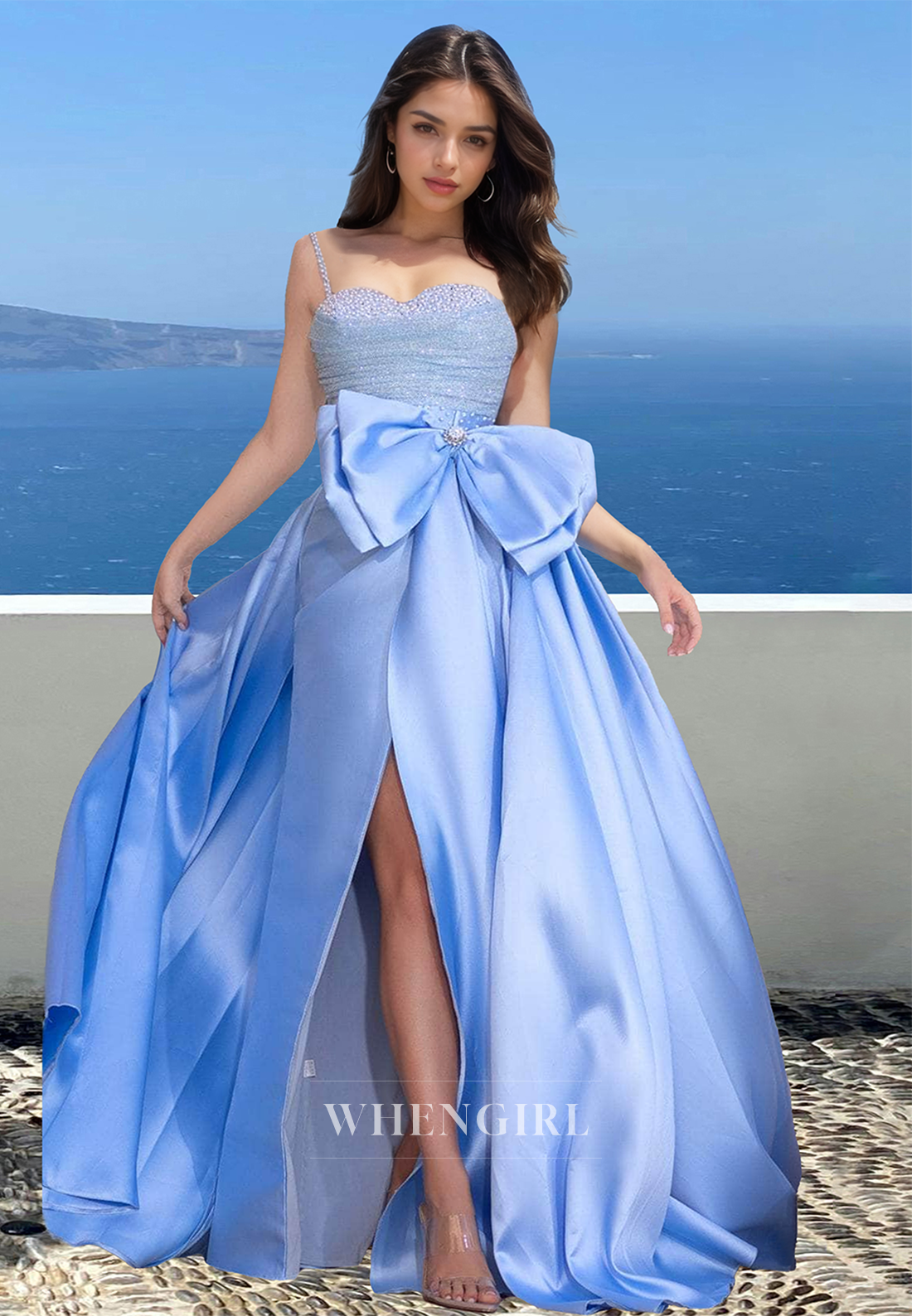 Beaded Straps Sweetheart Sheath High Slit Train Satin Pleats Evening Party Dress with Bow