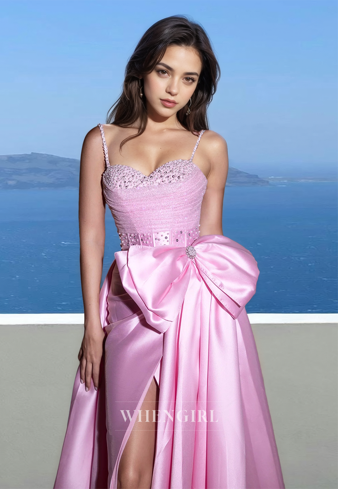 Beaded Straps Sweetheart Sheath High Slit Train Satin Pleats Evening Party Dress with Bow