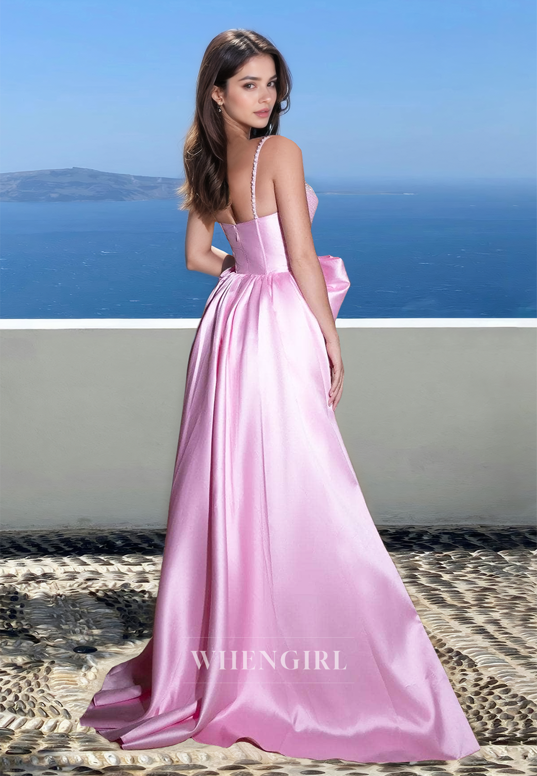 Beaded Straps Sweetheart Sheath High Slit Train Satin Pleats Evening Party Dress with Bow