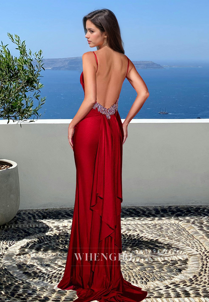 Glamorous V-Neck Spaghetti Straps Mermaid Beaded Satin Prom Party Dress with Train