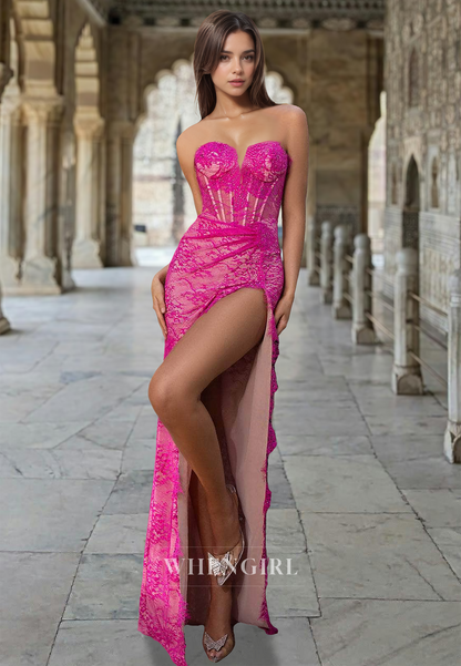 Sweetheart Sheath Party Dress Gloves Stripe Beaded Lace Appliques Prom Dress with Slit