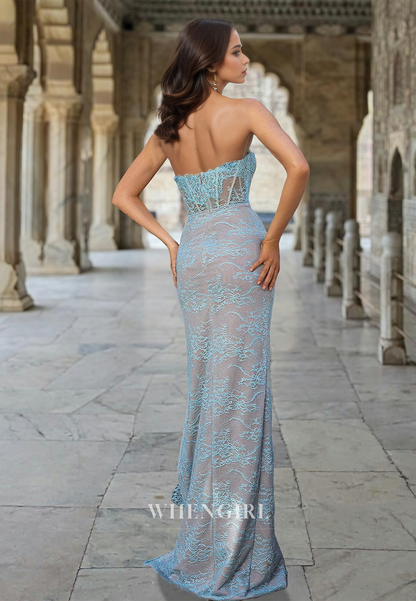 Sweetheart Sheath Party Dress Gloves Stripe Beaded Lace Appliques Prom Dress with Slit