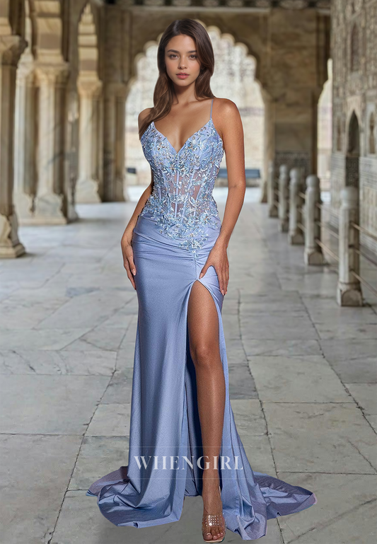 Spaghetti Straps V-Neck Side Slit Train Stripe Sheath Formal Prom Dress with Appliques