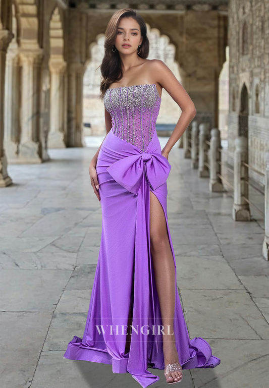 Elegant Tube Top Fitted Bow Satin Pleats Beaded Prom Party Dress with High Slit