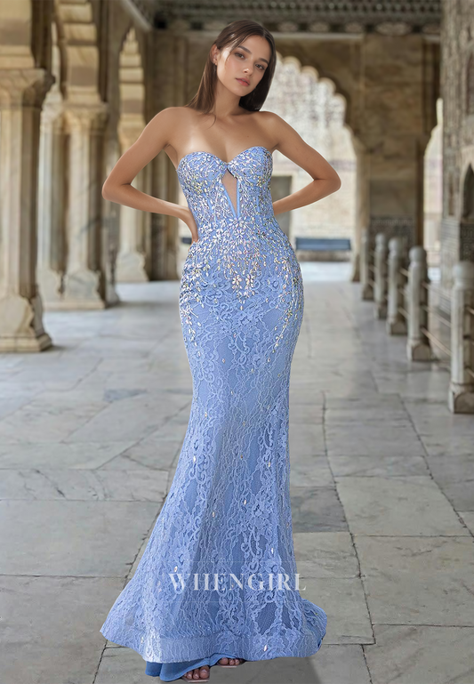 Beaded Mermaid Sweetheart Lace Appliques Long Prom Dress Formal Gown with Train
