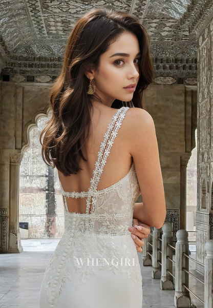 Elegant Bohemian V-Neck Straps Mermaid Sweep Train Satin Wedding Dress with Appliques
