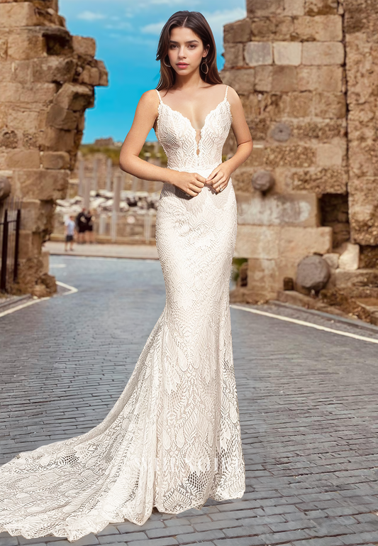 Spaghetti Straps Sheath V-Neck Sweep Train Beach Wedding Dress Boho Gown with Appliques