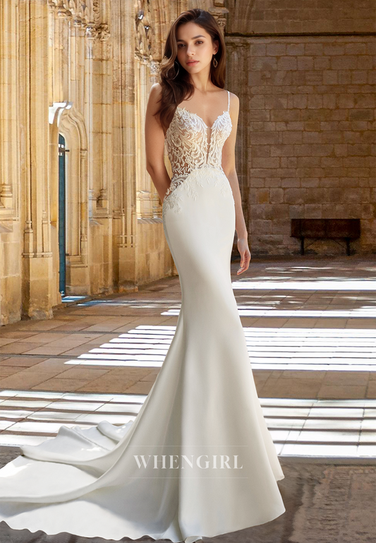 Spaghetti Straps Mermaid Wedding Dress Sweetheart Applique Satin Bridal Gown with Train