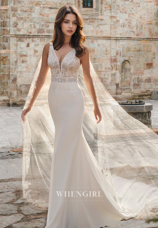Elegant Bohemian V-Neck Straps Mermaid Sweep Train Satin Wedding Dress with Appliques
