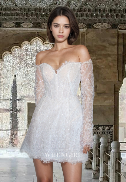 Glamorous A-Line Sweetheart Long Sleeves Short Lace Beach Wedding Dress Boho Gown with Appliques
