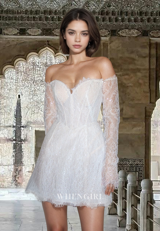 Glamorous A-Line Sweetheart Long Sleeves Short Lace Beach Wedding Dress Boho Gown with Appliques