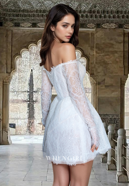 Glamorous A-Line Sweetheart Long Sleeves Short Lace Beach Wedding Dress Boho Gown with Appliques