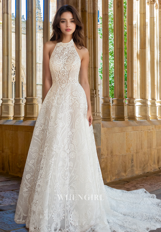 Luxurious Halter Neck Sleeveless A-Line Fully Appliques Lace Beach Wedding Gown with Train