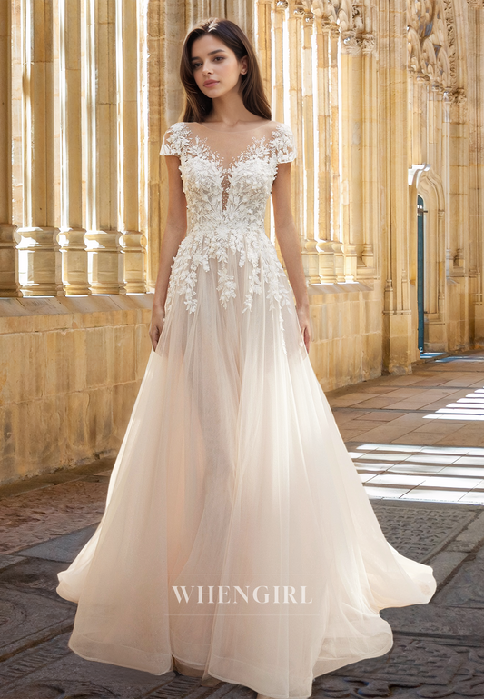 Beaded Scoop Neck Cap Sleeves A-Line Lace  Pleats Wedding Dress with Applique Bridal Gown