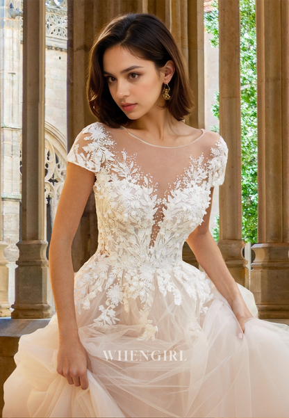 Beaded Scoop Neck Cap Sleeves A-Line Lace  Pleats Wedding Dress with Applique Bridal Gown