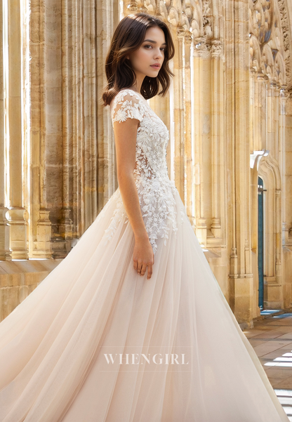 Beaded Scoop Neck Cap Sleeves A-Line Lace  Pleats Wedding Dress with Applique Bridal Gown