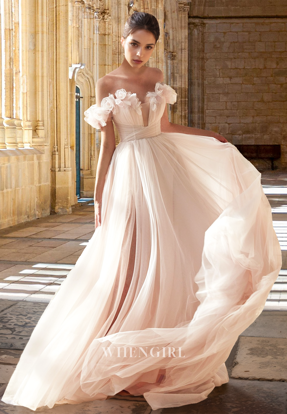 Elegant Off-Shoulder A-Line Side Slit Train Lace Pleats Wedding Dress with Floral Bridal Gown